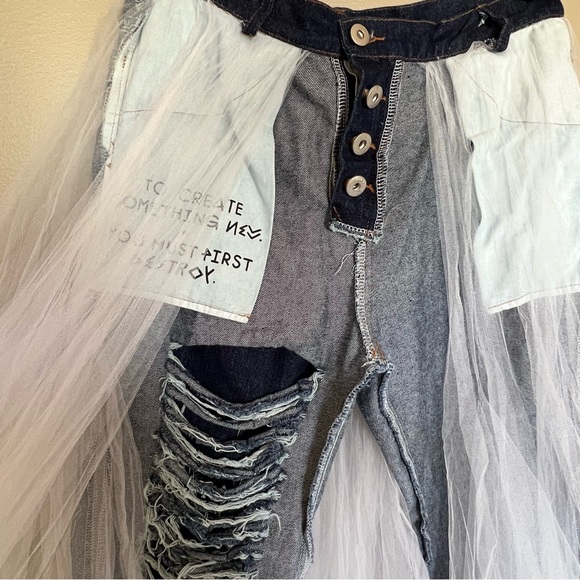 Patchwork Mesh Denim Ripped High Waist Vintage Jeans with Tulle Overlay Skirt - Picture 10 of 13